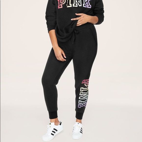 PINK Victoria's Secret Pants - NWT VS PINK EVERYDAY LOUNGE SKINNY JOGGER SWEATPANTS BLACK/RAINBOW LOGO PRINT